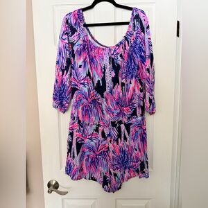 Lilly Pulitzer Lana Off The Shoulder Romper Bright Navy Palms Up XL